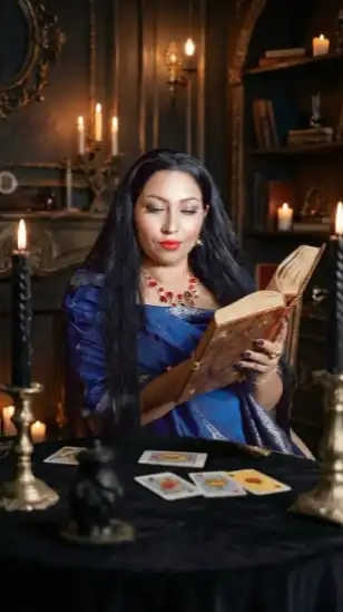Обряд гадания на Таро — гадалка проводит эзотерический ритуал при свечах